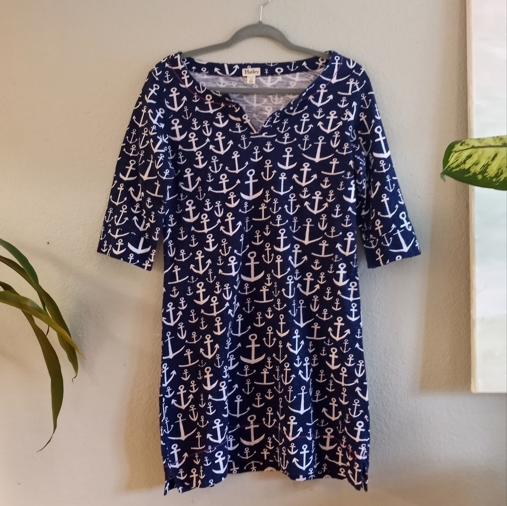 Hatley Cotton Nautical Anchor Print Coastal Beachy Loose Fit Shift Dress